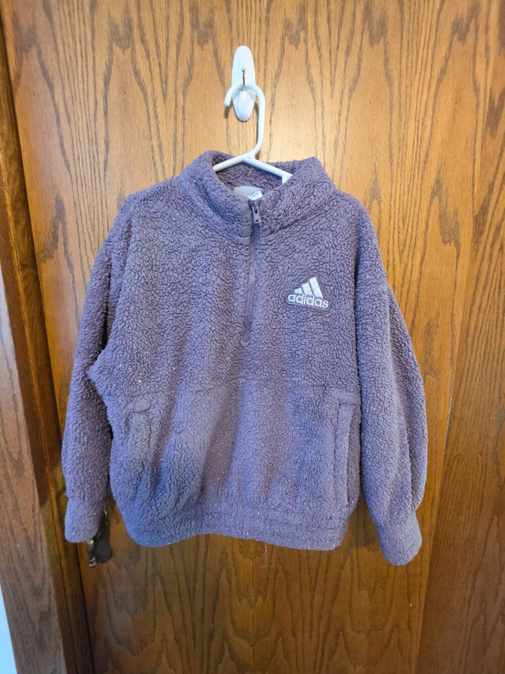 Adidas Girls Sparkly Sherpa Fleece 1/4 Zip Pullover Purple Glitter Metallic XS